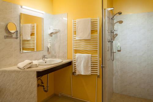 bagno con lavandino e doccia di Landhotel Zur Linde a Verden