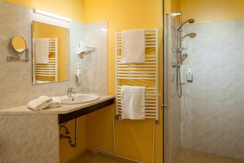 ein Bad mit einem Waschbecken und einer Dusche in der Unterkunft Landhotel Zur Linde in Verden