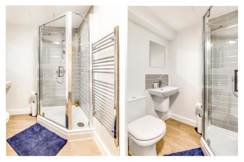 盧頓的住宿－Luton Cozy & Lovely Stay for Contractors，带淋浴、卫生间和盥洗盆的浴室