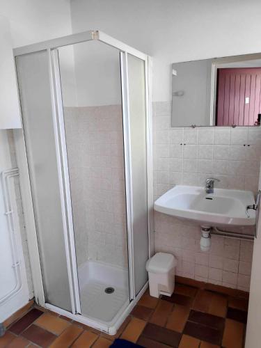 une salle de bain avec douche et lavabo dans l'établissement Gite Castillonnes Bastide Périgord 2 Chambres, à Castillonnès