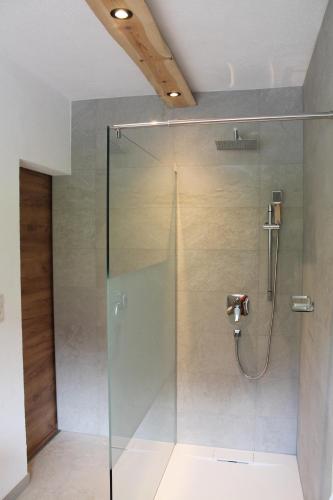y baño con ducha y puerta de cristal. en Haus Hermine, en Umhausen