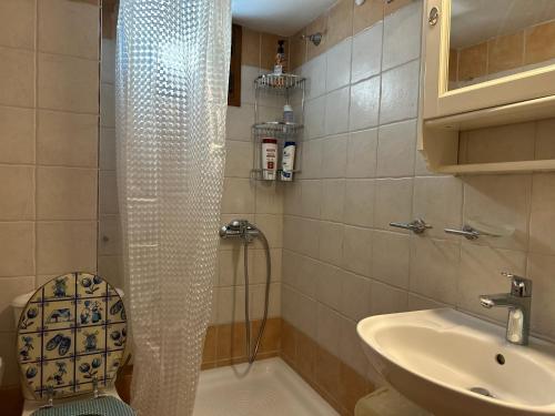 a bathroom with a shower with a toilet and a sink at Sunnyside Suite Afytos in Afitos