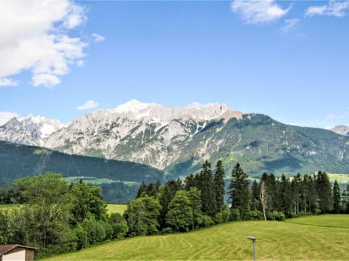 a green field with trees and mountains in the background at Apartment Christine by Interhome in Weerberg