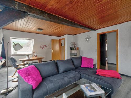 a living room with a black couch and pink pillows at Apartment Born 3 by Interhome in Schieder-Schwalenberg