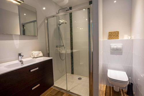 une salle de bain avec une douche, des toilettes et un lavabo dans l'établissement agapanthes, Facing the sea, indoor pool, à Pleumeur-Bodou