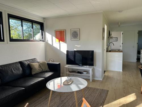 ein Wohnzimmer mit einem Sofa, einem Tisch und einem TV in der Unterkunft Holiday Home Ady - 150m from the sea in SE Jutland by Interhome in Augustenborg