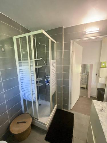 une salle de bain avec une douche en verre et des toilettes dans l'établissement Nice ouest-Cosy Studio, Clim Wifi, à Nice