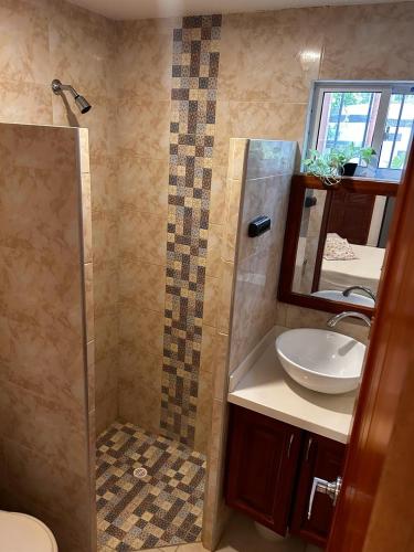 a bathroom with a sink and a shower at Casa Boutique Rincon in San Onofre