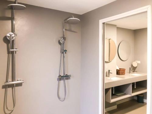 une salle de bain avec douche et miroir dans l'établissement Grande dune, Grande Dune Sea view rental in Port, à Penvénan