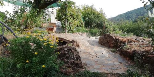 a view of a stone walkway with a cow in the background at Casa do Olho d'Água in Portalegre