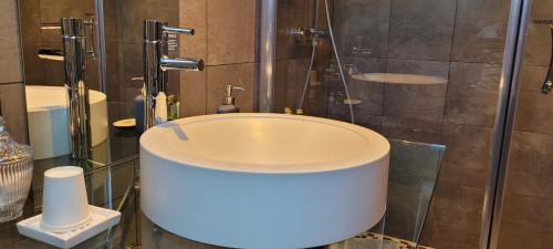 a bathroom with a large white sink in a shower at Moulin de Giboudet Chambres d'hôtes in Bazainville