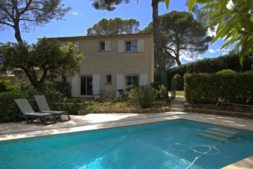 une maison avec une piscine devant une maison dans l'établissement La Maravilla, à Saint-Raphaël