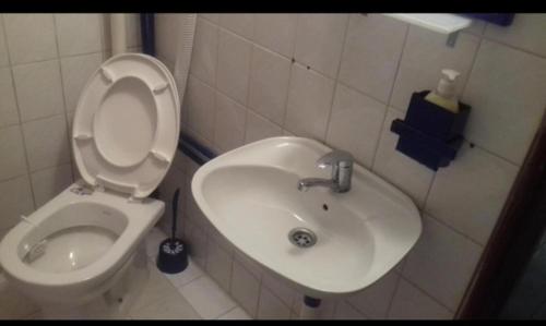 een witte badkamer met een toilet en een wastafel bij Juliana in Belgrado