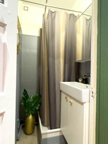 une salle de bain avec un rideau de douche et un lavabo dans l'établissement Appartement La Défense, à La Garenne-Colombes
