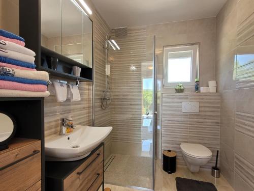 a bathroom with a sink and a toilet and a shower at Apartmani Dani in Sveti Anton