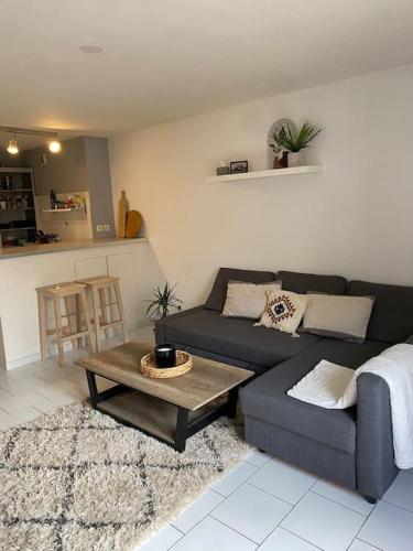 un salon avec un canapé et une table basse dans l'établissement T2 Hyper centre rénové + parking, proche Comédie, à Montpellier