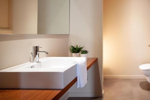 a bathroom with a sink and a toilet at Casa Marcial (adults only) in Besalú