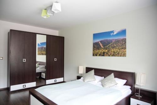 クリニツァ・ズドルイにあるGo2Krynica - Deptakのベッドルーム(大型ベッド1台、鏡付)
