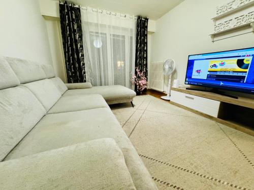 sala de estar con sofá y TV de pantalla plana en Apartahotel Confort en Lausana