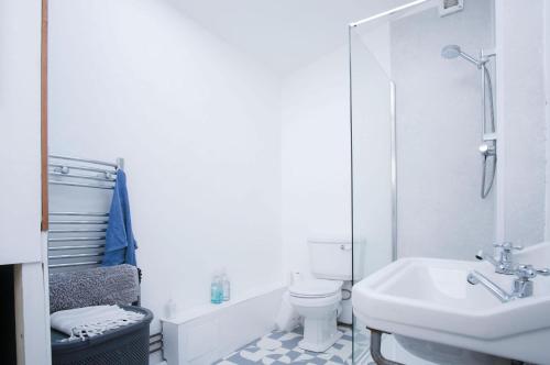 a white bathroom with a toilet and a sink at Soap Barn - 1 Bedroom Cottage - Manorbier in Manorbier