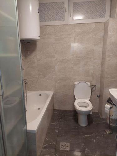 a bathroom with a toilet and a tub and a sink at Mandarina lux apartments in Kneževac