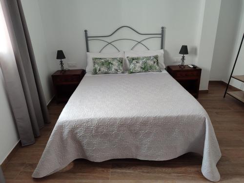 1 dormitorio con 1 cama blanca grande con almohadas en Casa dúplex en el centro, en Carmona