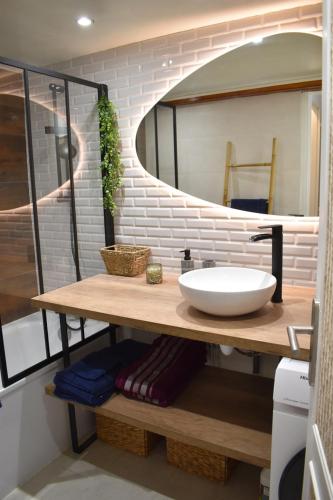 une salle de bain avec un lavabo et un miroir dans l'établissement Grand studio avec jardin à Saint-Aygulf, à Fréjus
