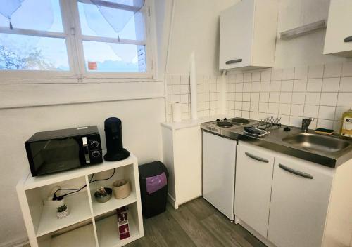 une petite cuisine avec un évier et un micro-ondes dans l'établissement 1# Central'Tours BLEU - Hypercentre, à Tours