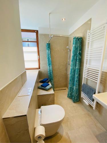 een badkamer met een toilet en een douche bij Strand 2 in Laboe