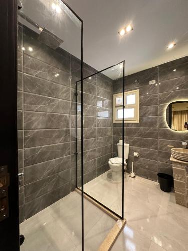 a bathroom with a glass shower and a toilet at Crowne Pyramids view inn in Cairo