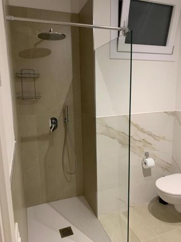 a shower with a glass door and a toilet at Appartamenti Estera 2 in Malcesine