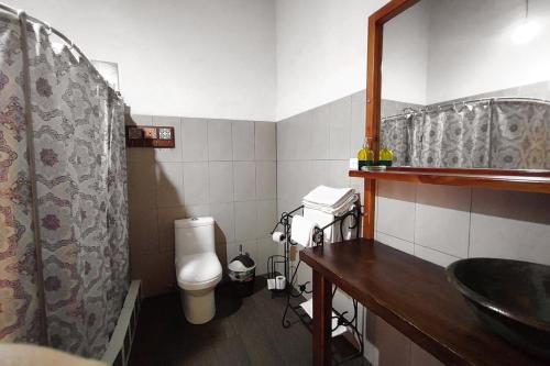 a small bathroom with a toilet and a sink at Hotel Casa Alquimia in Quito