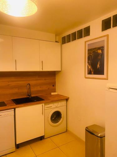 une cuisine avec un évier et une machine à laver dans l'établissement Belle maison lumineuse, à Bailly-Romainvilliers