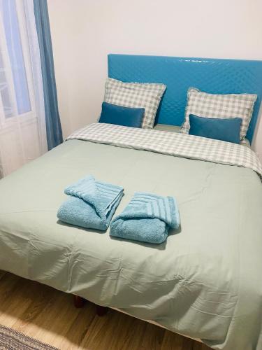 - un lit avec des oreillers et des serviettes bleus dans l'établissement Belle maison lumineuse, à Bailly-Romainvilliers