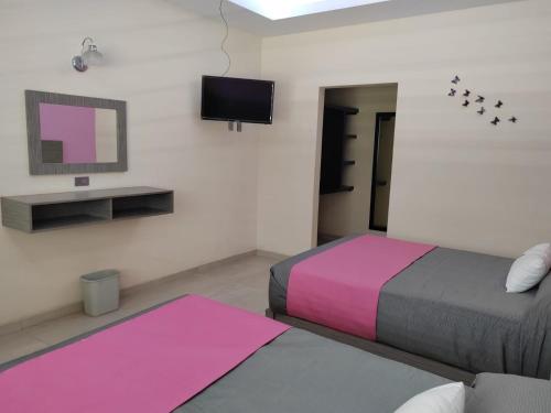 a bedroom with two beds and a tv on the wall at Villa Granada in Santa Cruz Tecamac