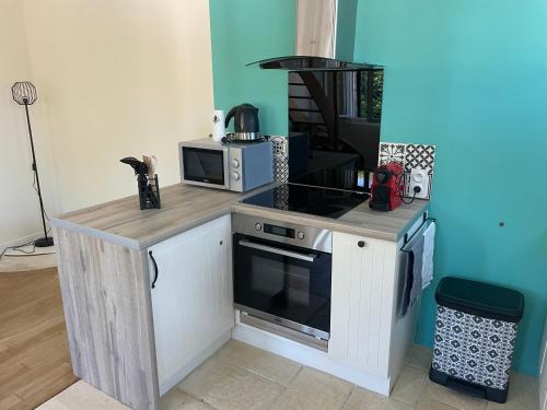 une cuisine avec un comptoir avec une cuisinière et un micro-ondes dans l'établissement Maison a 3 minutes de soissons, à Soissons