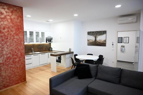 uma sala de estar com um sofá, uma mesa e uma cozinha em Argo Apartments em Liubliana