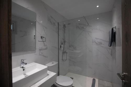 阿依納帕的住宿－帕富力尼亞公寓酒店，浴室配有卫生间、盥洗盆和淋浴。