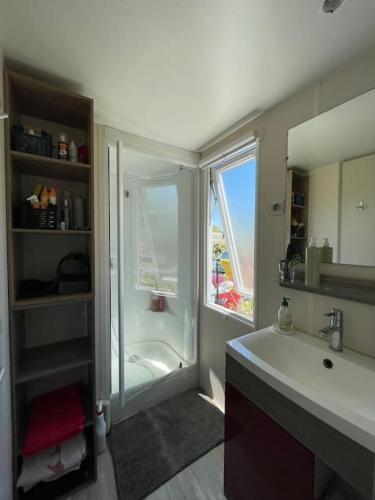 La salle de bains est pourvue d'une douche et d'un lavabo blanc. dans l'établissement Logement camping Nava Biscarrosse, à Biscarrosse