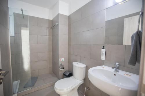 a bathroom with a white toilet and a sink at Pavlinia Hotel & Apartments in Ayia Napa