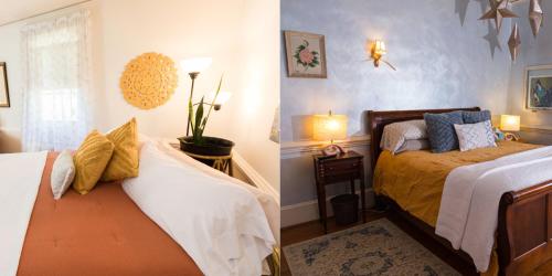 two pictures of a bedroom with two beds at West Park Gardens in Culpeper