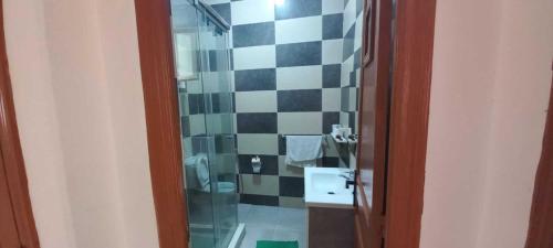 ein Bad mit einem WC, einem Waschbecken und einer Dusche in der Unterkunft Appartement Néoclassique centre-ville in Casablanca