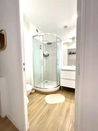 une salle de bain avec une douche en verre et des toilettes dans l'établissement Le Nid du Miroir, à Martigues