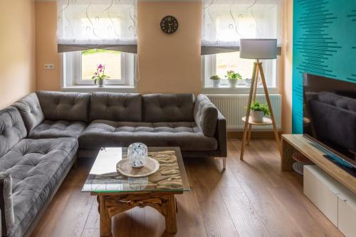 a living room with a couch and a table at Familienapartment Vogtland in Saalig