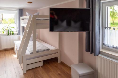 a bedroom with a bunk bed with a flat screen tv at Familienapartment Vogtland in Saalig