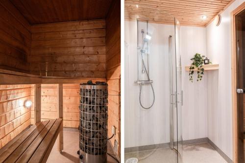 a bathroom with a shower and a walk in shower at Guestly Homes - Spacious 5BR Villa with Sauna in Södra Sunderbyn