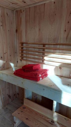- un sauna avec 2 serviettes rouges assises sur une étagère dans l'établissement Jacuzzi avec vue sur la rivière l'Yerres, à Yerres