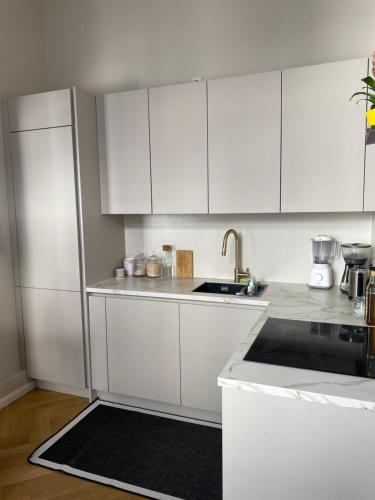 a white kitchen with a sink and a refrigerator at Luxus Apartment, Messe ICC, Waschmaschine in Berlin