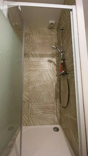 eine Dusche mit einer Glastür in einem Badezimmer in der Unterkunft Voyage à Cocoa Beach in Bouguenais
