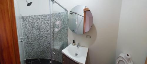 ein Bad mit einer Dusche, einem Waschbecken und einem Spiegel in der Unterkunft Casa Palermo Manizales in Manizales